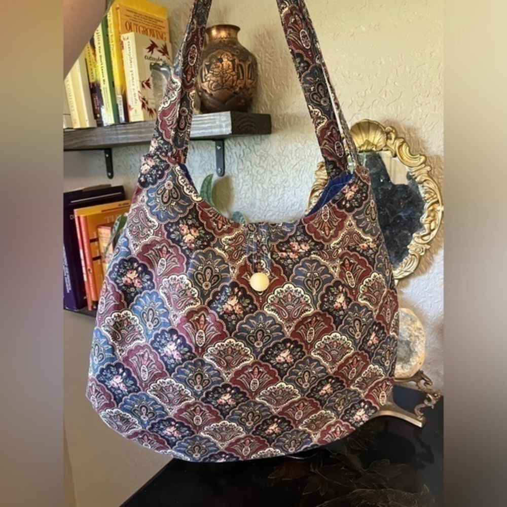 Vintage 70s 1970s Paisley Fabric Floral Bag soft cotton and Large Shell button